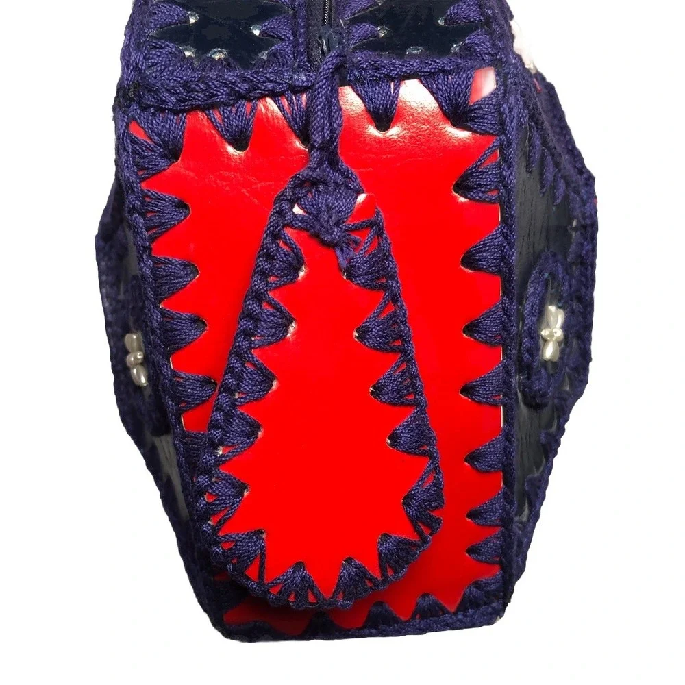Vtg‎ 1970s Boho Purse Crochet Hexagon Patchwork Leather Handbag Hippie Red Blue